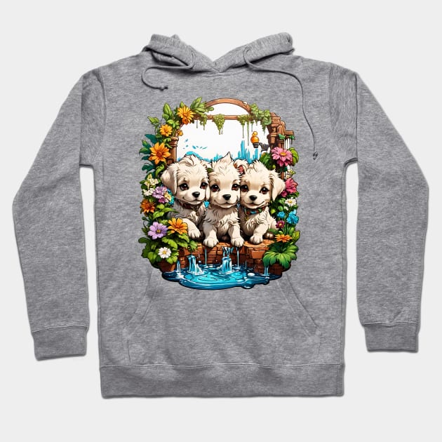 Three White Puppies playing in the mystic garden Hoodie by Neon City Bazaar
